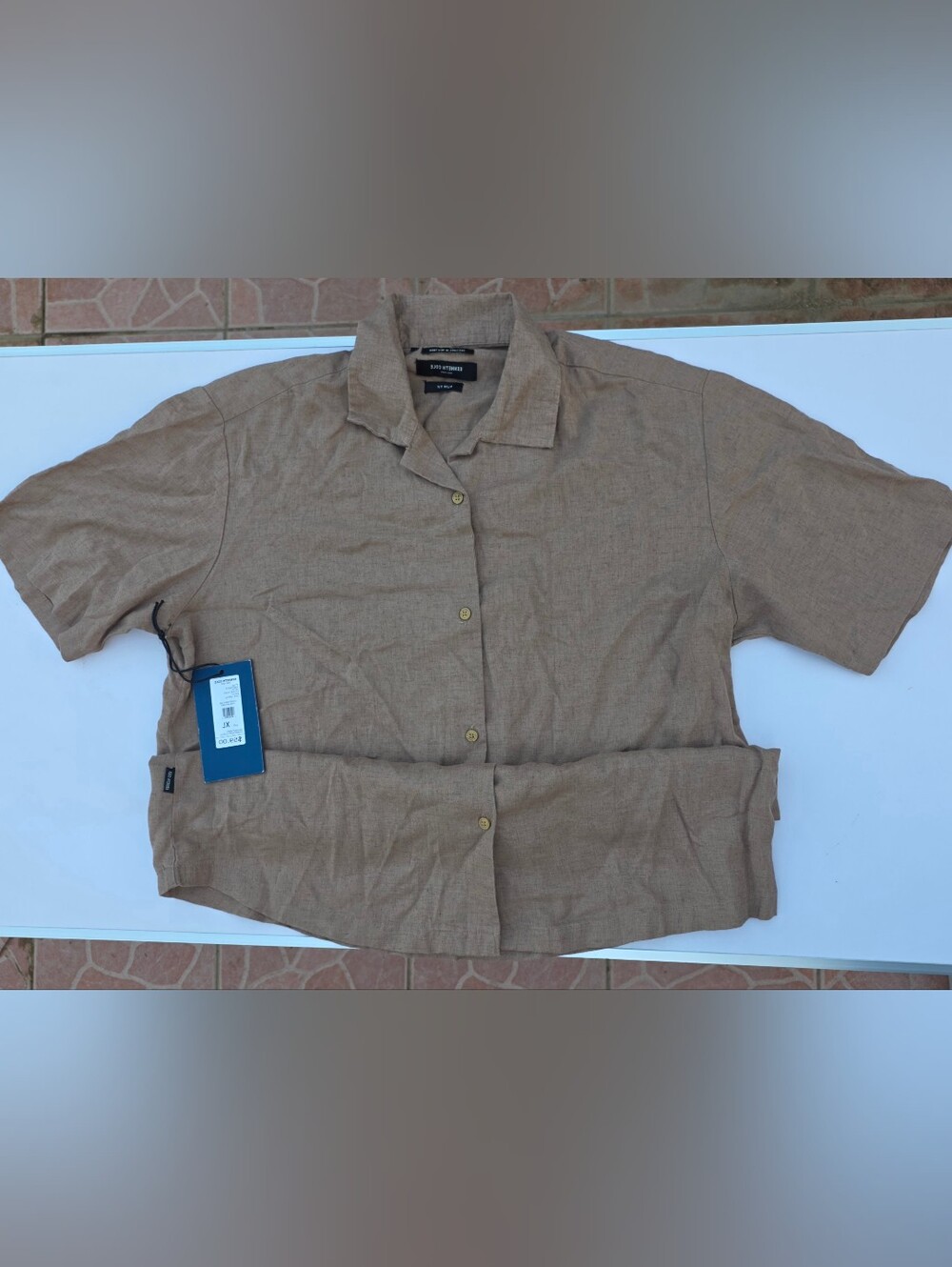 Men's Kenneth Cole Linen Blend Button-Front Cropped Camp Shirt in Light Brown XL